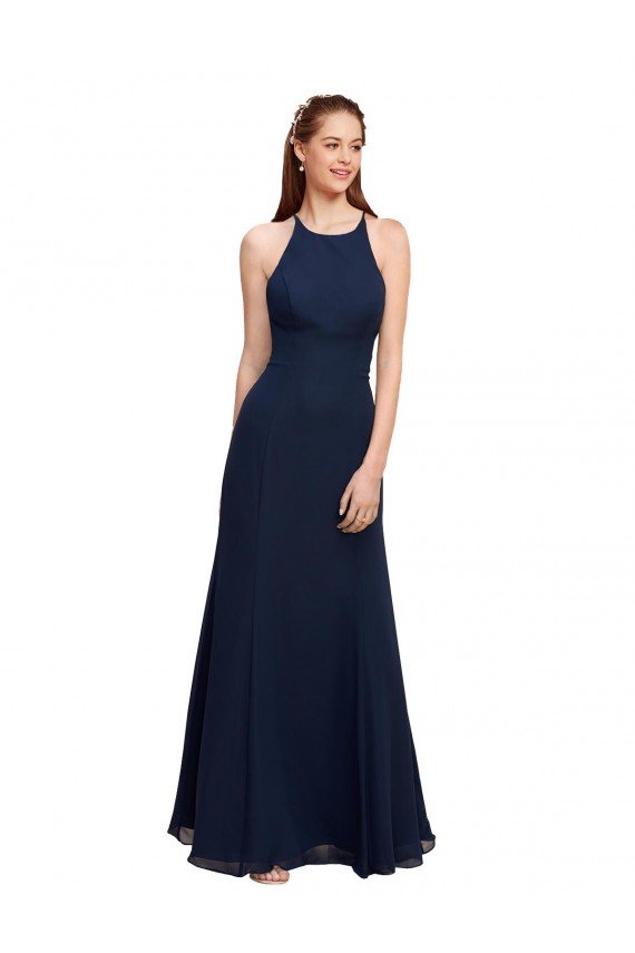 Best High Halter Fit and Flare Long Chiffon Prom Dress with Criss Cross Low Back UK