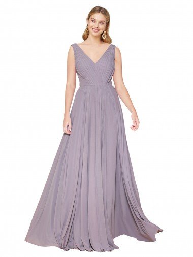 Best Draped Floor Length High Neck V-Back Chiffon Prom Dress with Shirred Bodice UK