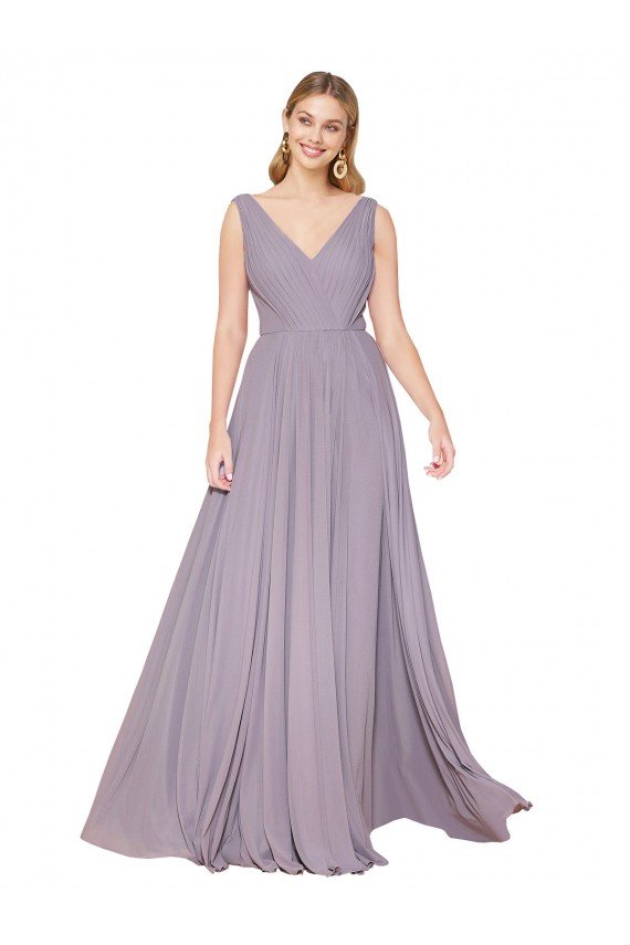 Best Draped Floor Length High Neck V-Back Chiffon Prom Dress with Shirred Bodice UK