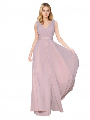 Best Draped V-Neck Long Chiffon Prom Dress with Shirred Bodice UK