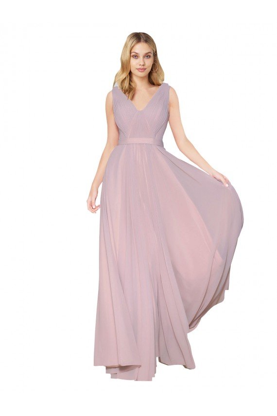 Best Draped V-Neck Long Chiffon Prom Dress with Shirred Bodice UK