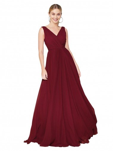 Best Draped A-Line V-Neck Floor Length Chiffon Prom Dress UK