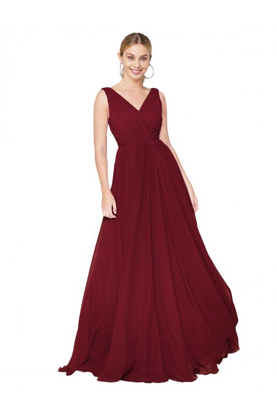 Best Draped A-Line V-Neck Floor Length Chiffon Prom Dress UK