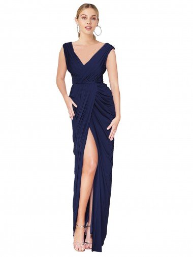 Best Draped V-Neck Long Chiffon Prom Dress with Front Slit UK