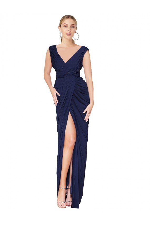 Best Draped V-Neck Long Chiffon Prom Dress with Front Slit UK