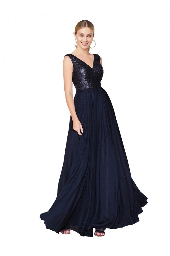 Best High Neck V-Neck Long Chiffon Prom Dress with Sequin Top UK