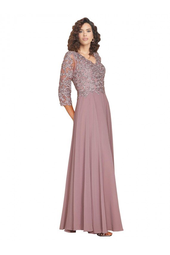 Best Hand-Beaded Bodice V-Neckline Long Sleeves Chiffon Prom Dress UK
