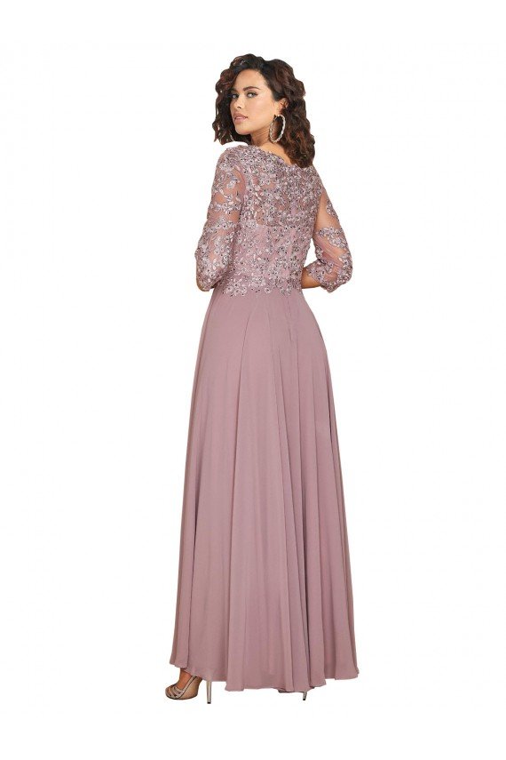 Best Hand-Beaded Bodice V-Neckline Long Sleeves Chiffon Prom Dress UK