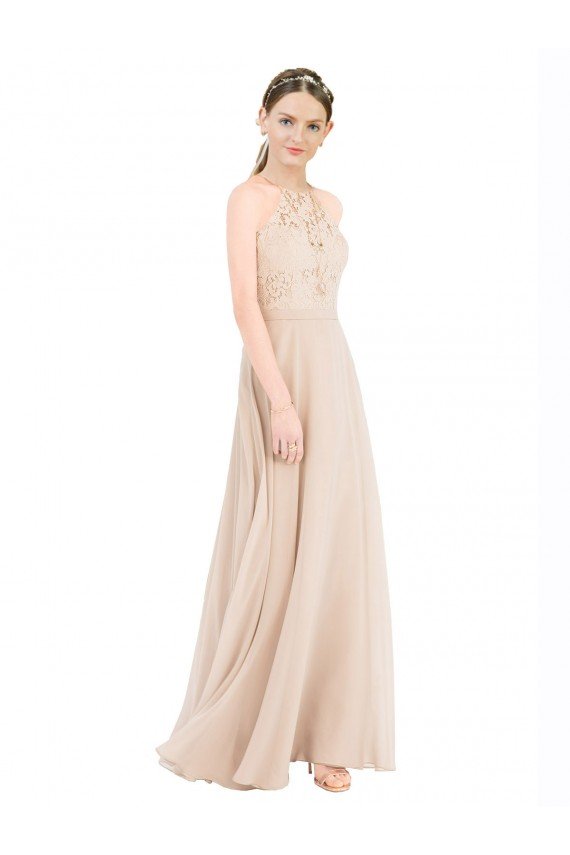 Best High Halter Neck Illusion Lace Prom Dress with Chiffon Skirt and Keyhole Back UK