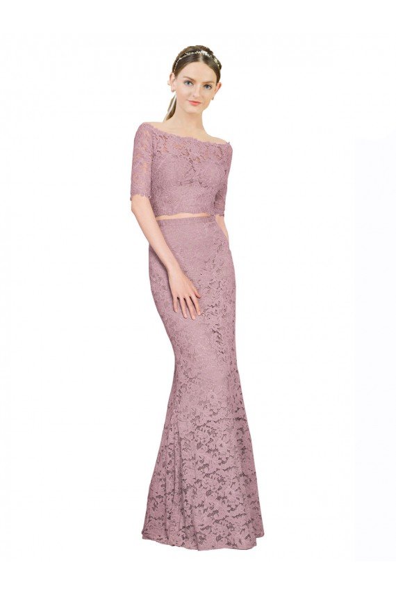 Best Short Sleeves Crop Top Mermaid Lace Prom Dress UK