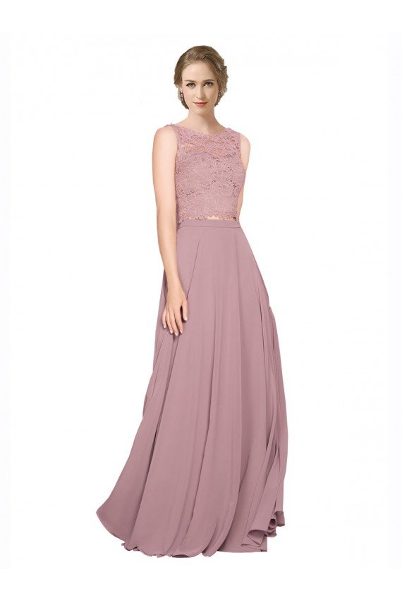 Best Long A-Line Chiffon Prom Dress with Sleeveless Lace Crop Top UK