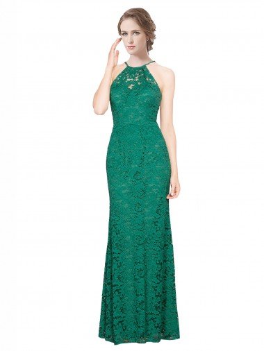 Best High Illusion Halter Neck Long Lace Prom Dress UK