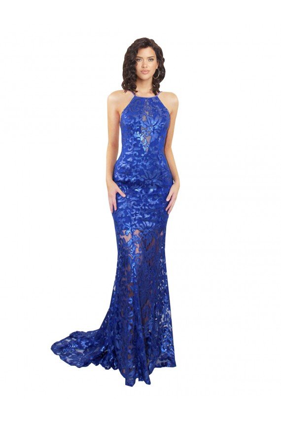 Best High Neck Long Open Back Lace Prom Dress with Train UK