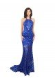 Best High Neck Long Open Back Lace Prom Dress with Train UK