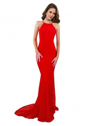 Best High Neck Long Lace Prom Dress with Open Back Straps UK