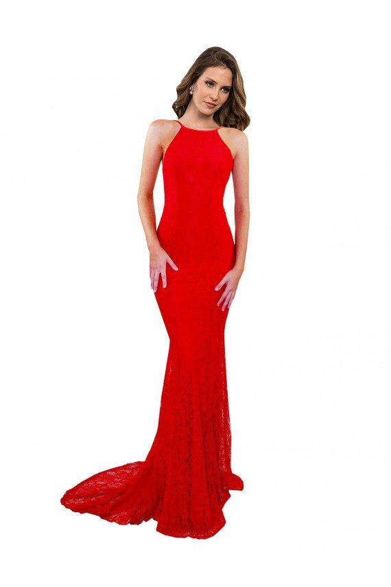 Best High Neck Long Lace Prom Dress with Open Back Straps UK