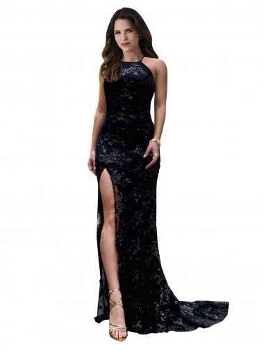 Best High Neckline Lace Open Back Prom Dress with High Slit UK