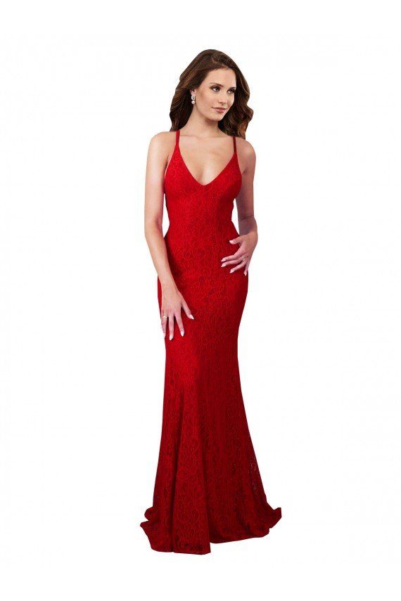 Best Low Back V-Neckline Floor Length Lace Prom Dress UK