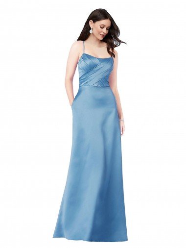 Best Crossing Strap Back Pleated Bodice Long Satin Prom Dress UK