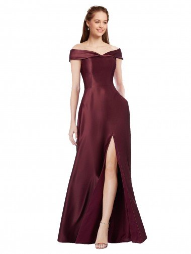Best Long Off the Shoulder Satin Prom Dress with Thigh-high Slit UK