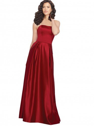 Best Strapless Satin Prom Dress with Beaded Pocket and Soft Pleating UK