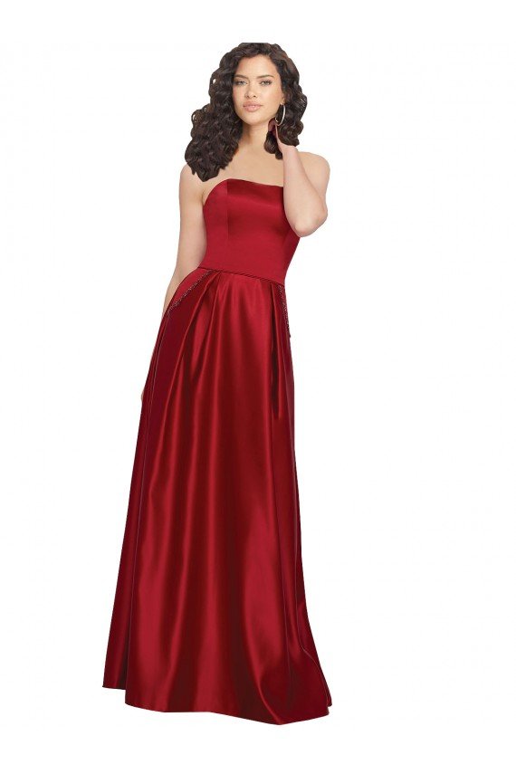Best Strapless Satin Prom Dress with Beaded Pocket and Soft Pleating UK