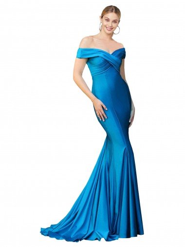 Best Off the Shoulder Long Chapel Train Satin Prom Dress UK