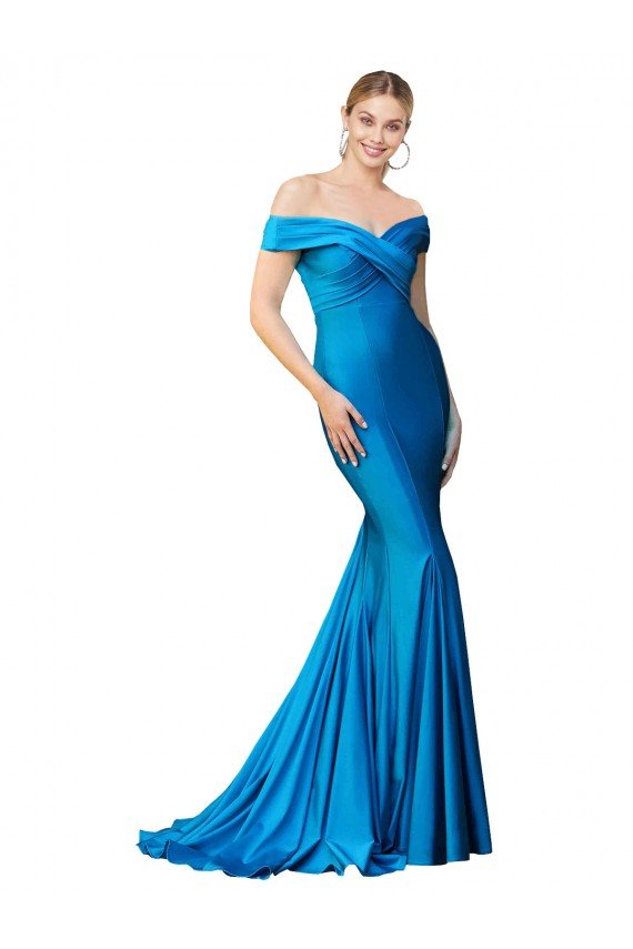 Best Off the Shoulder Long Chapel Train Satin Prom Dress UK