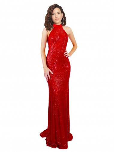 Best Halter High Neck Mermaid Open Back Sequin Prom Dress UK