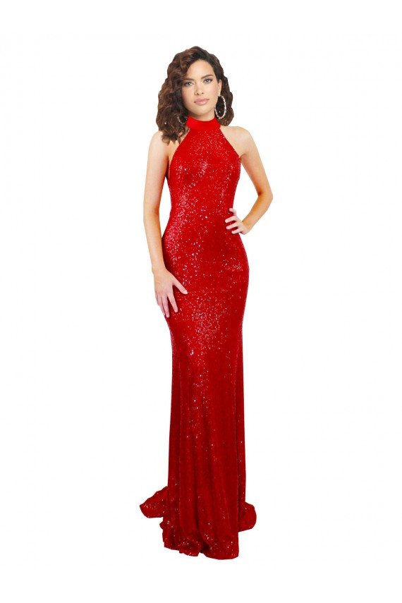 Best Halter High Neck Mermaid Open Back Sequin Prom Dress UK