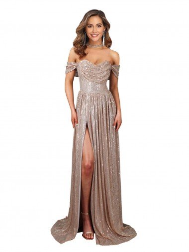 Best Strapless Scoop Neck Off the Shoulder Long Sequin Prom Dress with High Slit UK