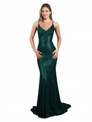 Best Fishtail Shaped V-Neck Open Back Long Sequin Prom Dress UK