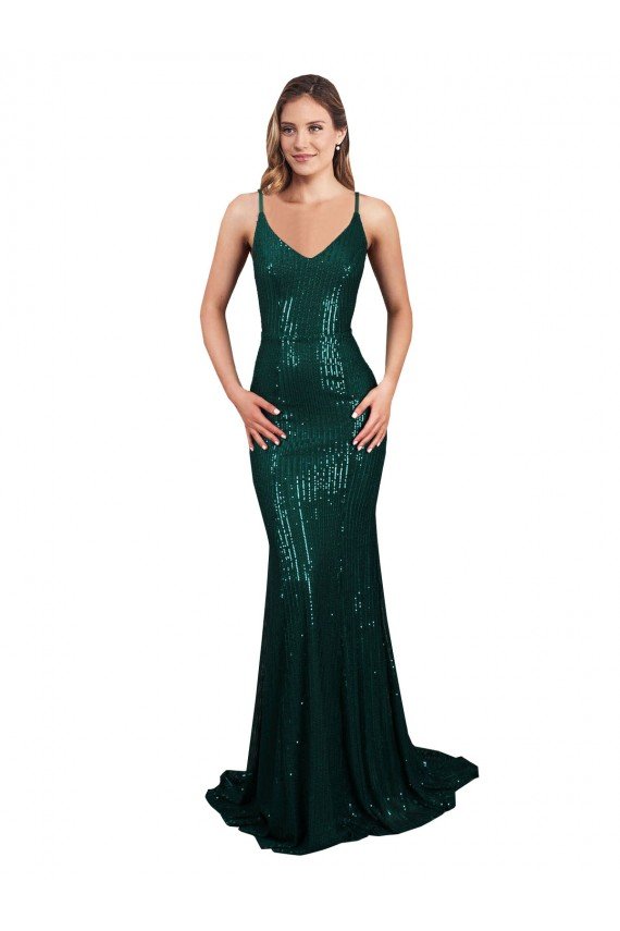 Best Fishtail Shaped V-Neck Open Back Long Sequin Prom Dress UK