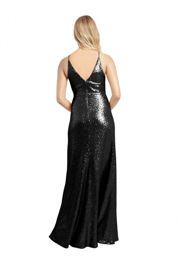 Best Full Length A-Line Sequin Prom Dress with Spaghetti Straps V-Neckline UK