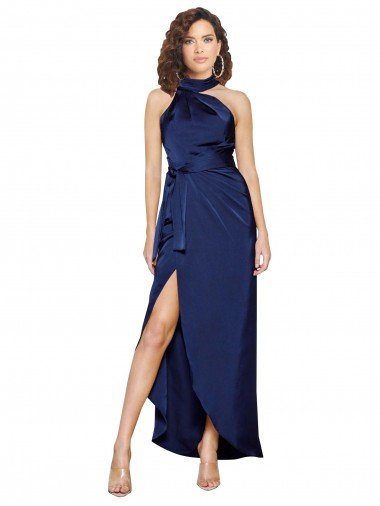 Best Full Length High Neck Wrap Silky Satin Prom Dress with Waist Tie UK