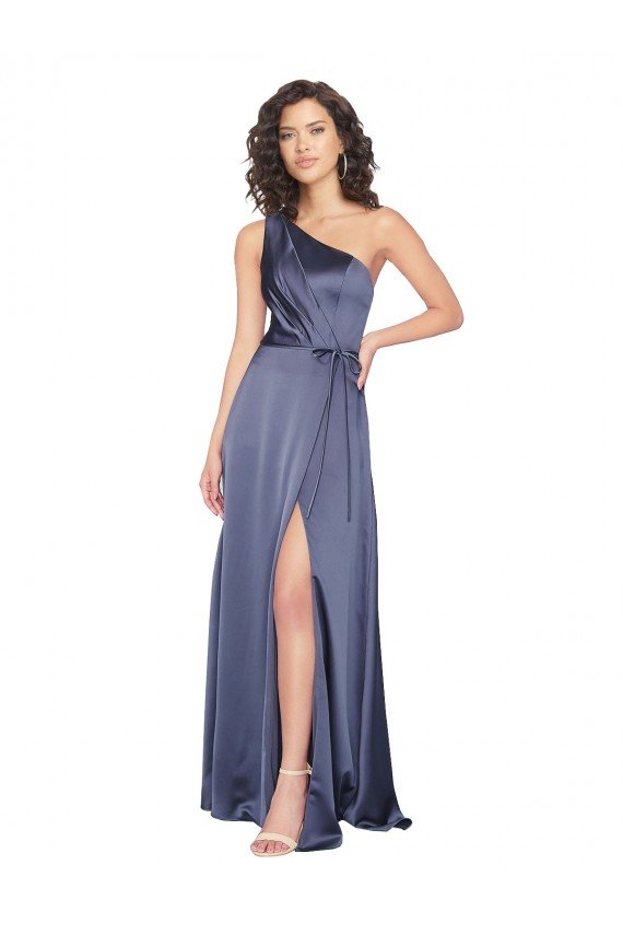 Best Draped Silky Satin Prom Dress with Tied Waist UK
