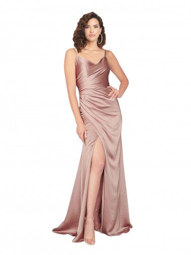 Best Floor Length Silky Satin Prom Dress with Front Skirt Slit UK