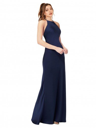 Best High Neck Satin Prom Dress with Strappy Back UK