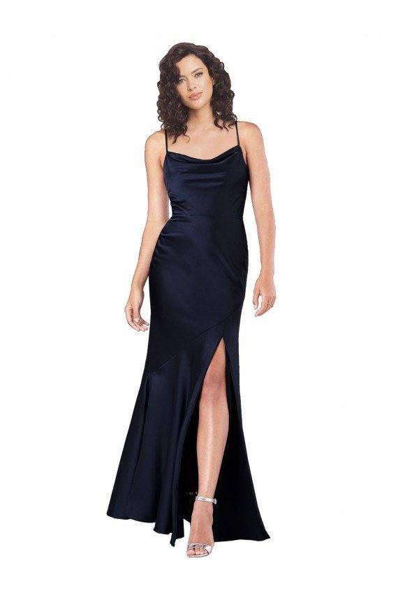 Best Draped Cowl Neck Silky Satin Prom Dress with Skirt Slit UK