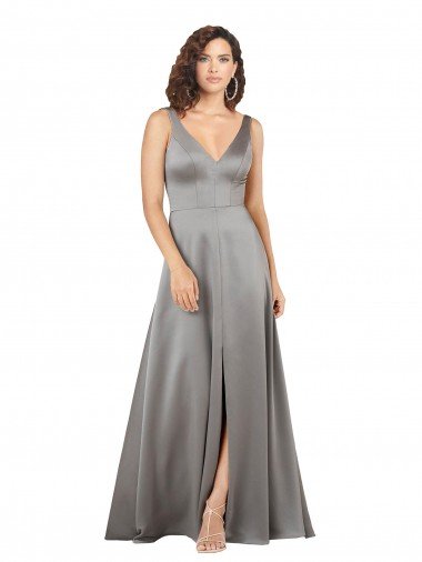 Best Plunging V-Neckline Long A-Line Silky Satin Prom Dress UK