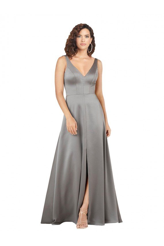 Best Plunging V-Neckline Long A-Line Silky Satin Prom Dress UK