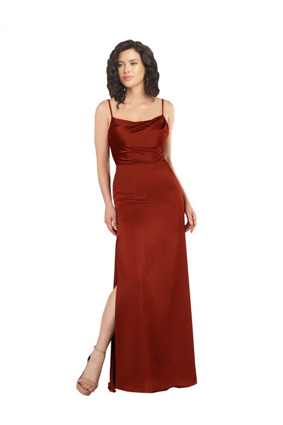 Best Floor-Length Silky Satin Prom Dress with Skirt Slit UK