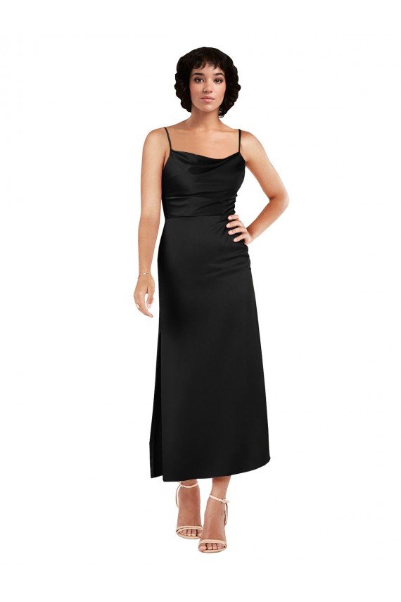 Best Cowl Neck Tea-Length Short Silky Satin Cocktail Prom Dress / Homecoming Dress with Skirt Slit UK