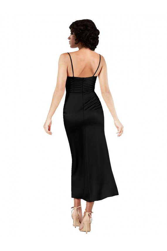 Best Cowl Neck Tea-Length Short Silky Satin Cocktail Prom Dress / Homecoming Dress with Skirt Slit UK