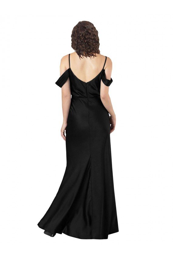 Best Off the Shoulder Sleeves Silky Satin Prom Dress with Skirt Slit UK