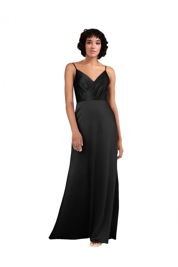 Best Full Length V-Neckline Silky Satin Prom Dress with Spaghetti Straps UK