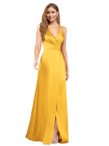 Best Halter A-Line Silky Satin Prom Dress with V-Neckline and Slit UK