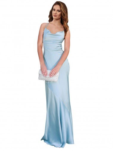 Best Open Back with Ties Cowl Neck Sheath Silky Satin Long Bridessmaid Dress UK