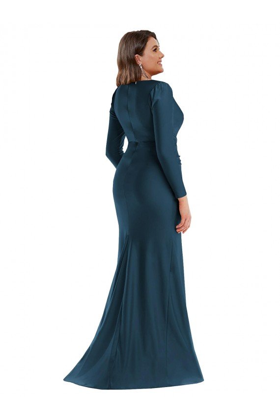 Best Long Sleeves Draped Wrap Silky Satin Mermaid Prom Dress with Front Slit UK