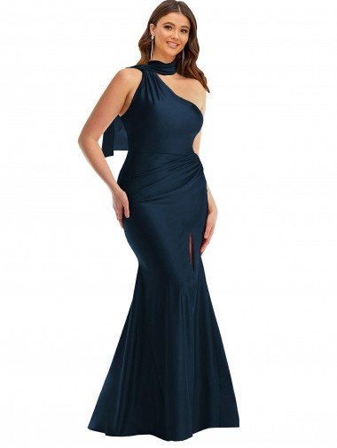Best Scarf Neck One Shoulder Silky Satin Mermaid Prom Dress with Front Slit UK